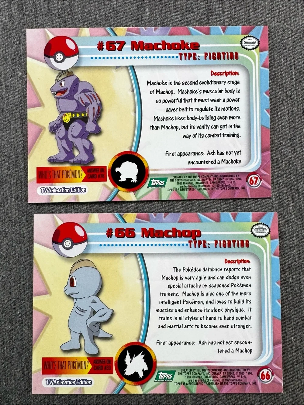 1999 Topps Pokemon TV Animation Series 1 Machop #66 & Machoke #67 Card Lot